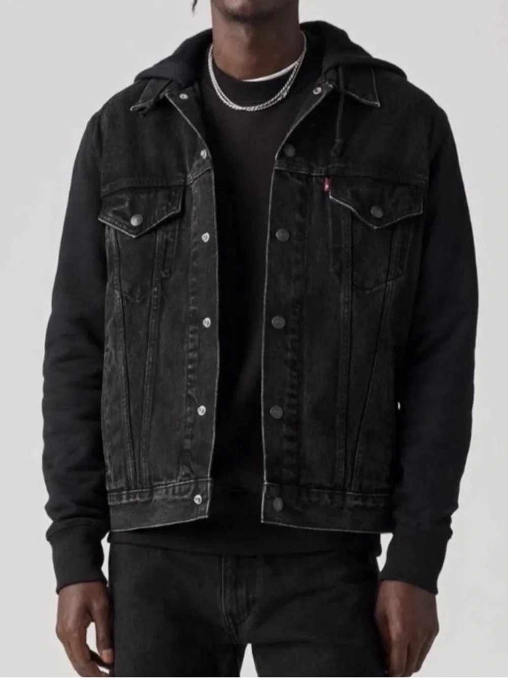 Levi's Mens Hybrid Hooded Trucker Jacket Black Sz L 745130001 Relaxed Streetwear